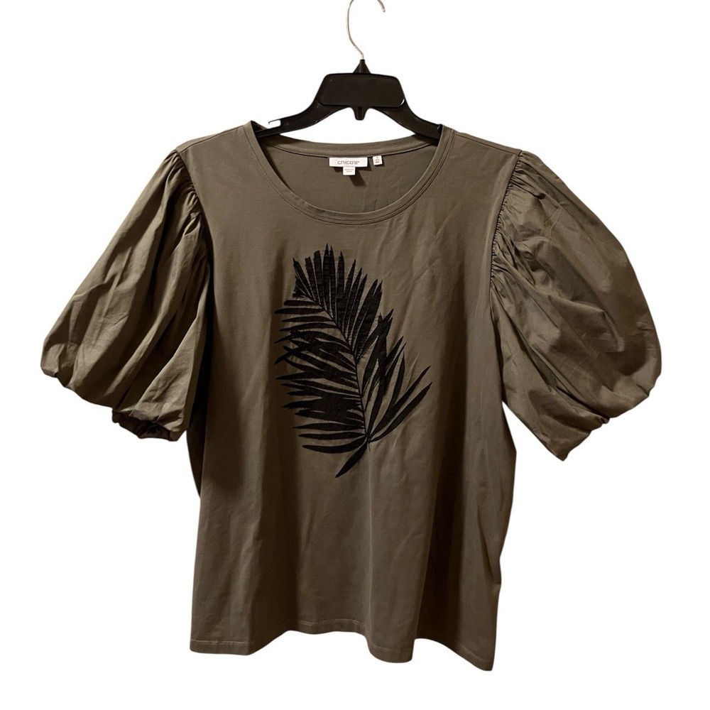Chicos‎ Top Knit Olive Green Palm Leaf Cotton Bubble Sleeve Sz 4 XXL